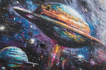 Naklejka premium Capture the essence of intergalactic street art through a cosmic lens, merging space exploration with gritty city streets in a visually striking, unexpected perspective