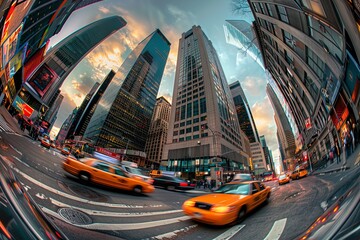 Show the grandeur of a bustling cityscape from a daring perspective, utilizing a fisheye lens to warp reality and emphasize the urban energy