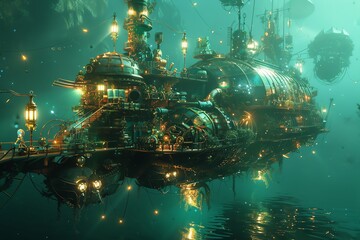 Craft a breathtaking underwater realm with intricate steampunk-inspired machinery, submerged in a kaleidoscope of shimmering lights that dance with the movement of fantastical marine beings