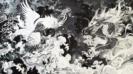 Craft a unique die-cut image combining traditional Japanese ink wash painting style with a modern twist, featuring mythical creatures engaging in a melodious dance of expression Use intricate patterns