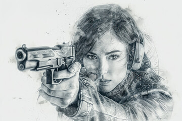 Pencil sketch art of a woman on pistol gun shooting practice