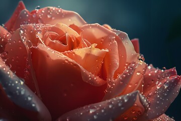Illuminate the intricate details of a blooming rose with dynamic lighting effects, capturing every delicate petal and dewdrop in a mesmerizing close-up shot