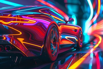 Capture a breathtaking low-angle view of a sleek sports car bathed in a dynamic, multicolored light show Emphasize sleek curves and reflective surfaces for a futuristic, photorealistic finish