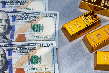  Gold bars and USD dollar banknotes for business concept.  Finance economy concept, investment.