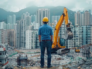 A man is at a demolition site, looking at tall buildings