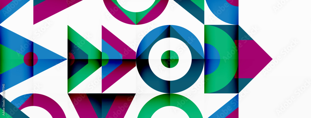 Poster a vibrant textile art design featuring a colorful geometric pattern with arrows, circles, and symmet