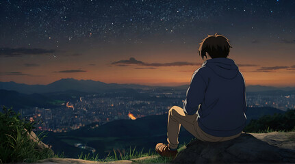 sad 28 young man, siting on mountain, and watching sky masterpiece, animated pic 