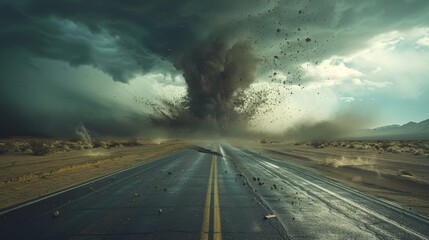 Fototapeta premium Destructive tornado on desert highway with ominous clouds - powerful natural disaster scene