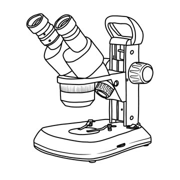 Vector illustration Stereo Microscope hand drawn sketch laboratory tools line art isolated on white background, For kids coloring book or science illustration.