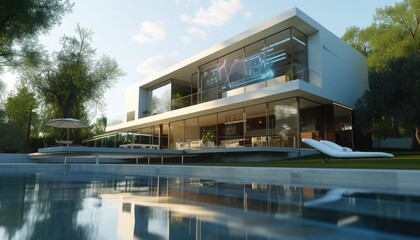 Modern house with sleek exterior design, featuring a beautiful pool at the front. Surrounded by lush trees, it creates a harmonious blend of nature and contemporary architecture. 🌳🏡🏊‍♂️