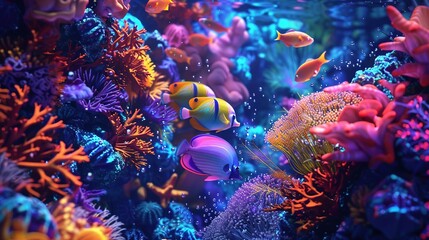 An image of a 3D neon coral reef collage, blending sea creatures and underwater flora