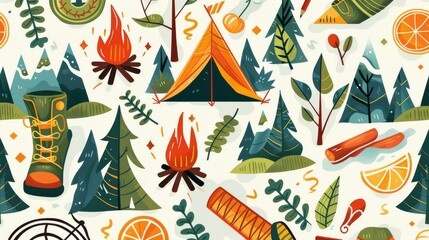 Camping essentials pattern with a vibrant outdoorsy vibe