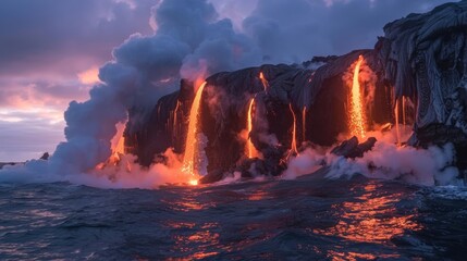 Molten Lava Flowing into Ocean at Hawaii Volcanoes National Park: A Serene Yet Daunting View