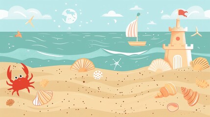 Crab on a sandy beach with seashells and a sailboat on the horizon