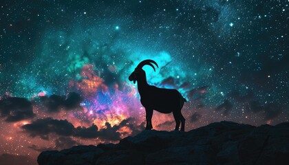 Goat silhouette against vibrant galaxy, majestic horns pointing towards celestial bodies.