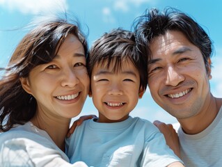 Fototapeta premium A happy family of three, outdoor travel group photo