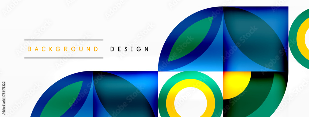 Poster vibrant electric blue circles and squares create a colorful pattern on a white background, showcasin