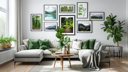 Interior view of the living room of a modern minimalist Scandinavian house, with comfortable sofa chairs, poster decorations on the white wall and minimalist interior plants.