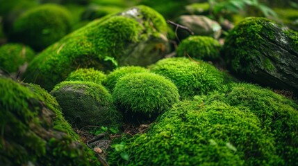 The soft fuzzy texture of mosscovered rocks and fallen logs creating a lush and inviting carpet on the forest floor..