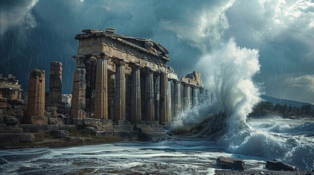 Tsunami Wave Crashes into Ancient Ruins in Crete, Greece: Historical Architecture Meets Natural Disaster Fury