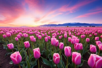 Fototapeta premium Purple tulips flower landscape outdoors.