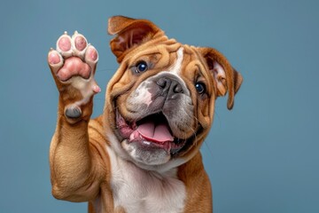 Bulldog giving high five pitbull animal canine.