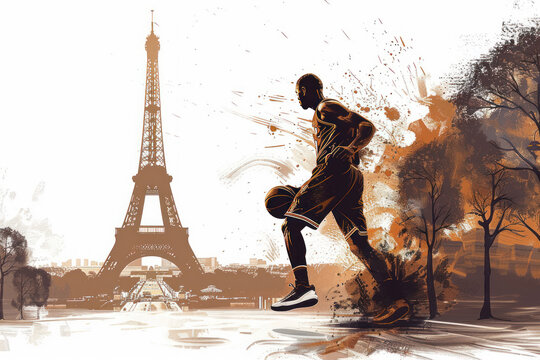 Brown watercolor paint of basketball player dribble ball by eiffel tower