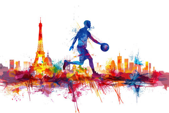 Colorful watercolor paint of basketball player dribble ball by eiffel tower