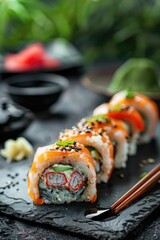 Sushi rolls with rice and fish soy sauce on a dark. Copy Space. Free Space.