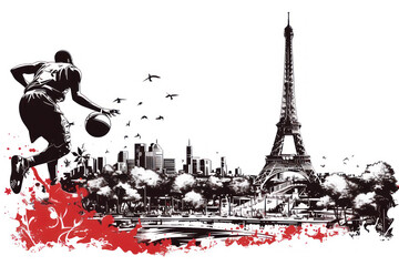 Red watercolor paint of basketball player dribble ball by eiffel tower