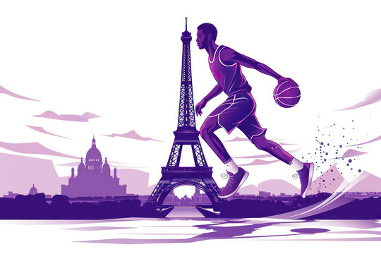 Purple watercolor paint of basketball player dribble ball by eiffel tower