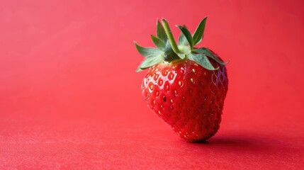 Juicy red strawberries on a red background. Summer harvest, sweet snack.