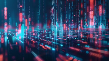 Perspective view of stock market growth, business investing and data concept with digital financial chart graphs, diagrams and indicators on dark blue blurry background. 3D rendering. generative AI
