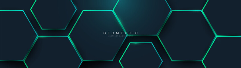 Abstract blue hexagon with green neon lines background. Futuristic digital hi-technology horizontal banner. Vector