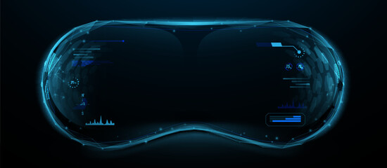 VR. View from VR glasses. Virtual reality simulation. Futuristic digital technology. Low polygonal, wireframe, linear and mesh illustration