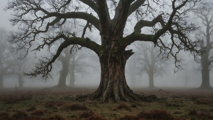 Fototapeta premium An old oak with a split trunk, looking like a mouth agape, in a desolate, fog-covered landscape ai_generated