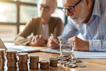 A senior couple intently reviews financial documents, surrounded by scattered coins and a laptop, symbolizing the importance of retirement planning and financial literacy for the elderly - Powered by Adobe