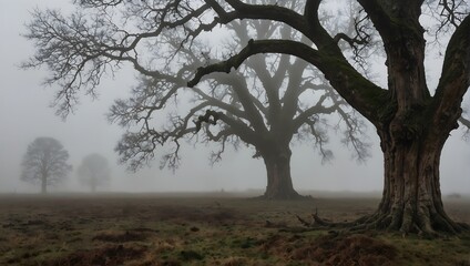 Fototapeta na wymiar An old oak with a split trunk, looking like a mouth agape, in a desolate, fog-covered landscape ai_generated