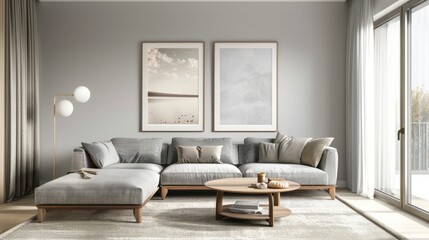 Fototapeta premium Interior view of the living room of a modern minimalist Scandinavian house, with comfortable sofa chairs, poster decorations on the white wall and minimalist interior plants.