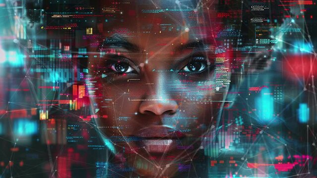 Young Multiethnic Female Government Employee Uses Technical Data in System Control Monitoring Center. Background with flying patterns. Generate AI.