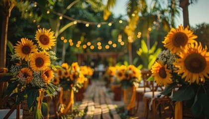Sunflower Wedding Decor, Vibrant sunflowers used as  elements, adding a cheerful and rustic touch to wedding ceremonies and receptions