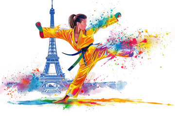 Colorful watercolor paint of a judo woman doing a kick by the eiffel tower