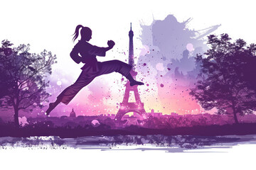 Purple watercolor paint of a judo woman doing a kick by the eiffel tower