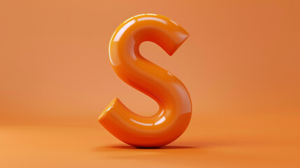 The image presents a glossy orange 3D letter S set against a monochrome orange background, highlighting its shiny texture.