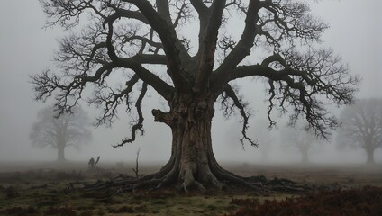 An old oak with a split trunk, looking like a mouth agape, in a desolate, fog-covered landscape ai_generated