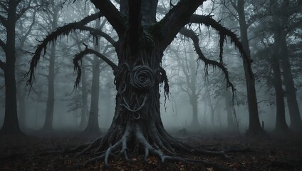 A haunted-looking tree with knots that form eerie, watching eyes, set in a misty, deserted forest ai_generated