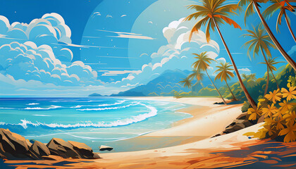 Fototapeta na wymiar The bright blue sky contrasts with the clear blue sea. A long sparkling stretch of fine white sand beach. The sun shines down warmly. The coconut trees swayed and waved in the wind. Art Background