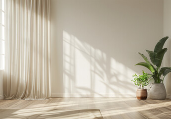 Beige wall mockup with wooden floor and plant