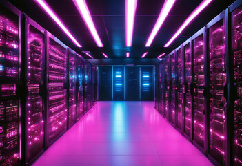 'lights pink blue neon dark shot database intelligence artificial computing cloud telecommunications modern racks server operational fully rows multiple center data technology datum computer'