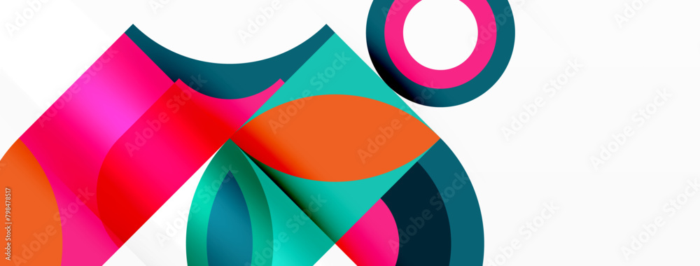 Poster A vibrant geometric design featuring a central circle surrounded by rectangles, triangles, and patterns in electric blue and magenta tints and shades, creating a symmetrical art piece